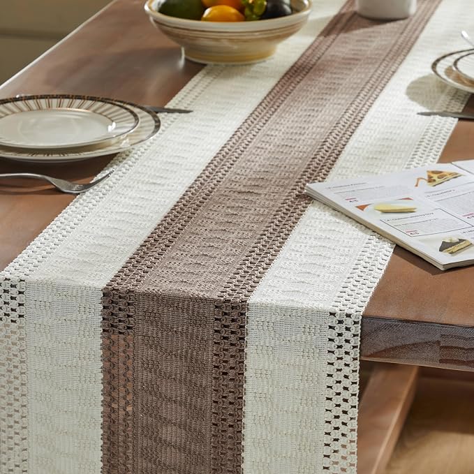 Macrame Style Bicolor Stitching Table Runner 14x108in Cocoa Brown | Woven Boho - Image 5