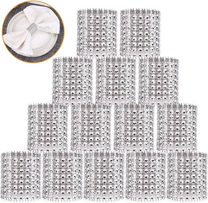 Bling Napkin Rings Set of 150, Rhinestone Silver Napkin Rings Diamond Adornment by Wotoban