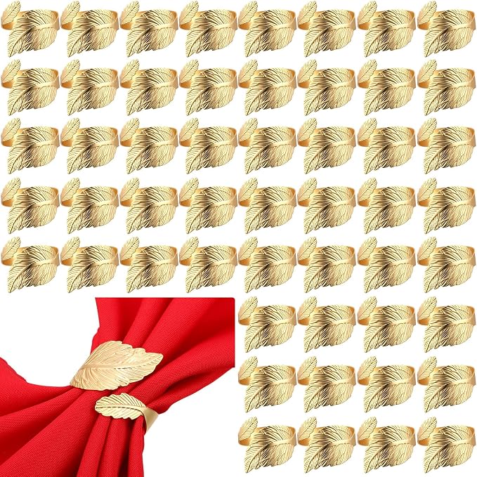 100 Pcs Gold Napkin Rings for Wedding Shiny Metal Napkin Holder Study Leaf by Bokon