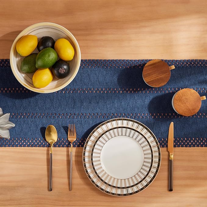 Macrame Style Boho Table Runner, 12x60 Inch Navy Blue | Woven Boho Table Runner - Image 4