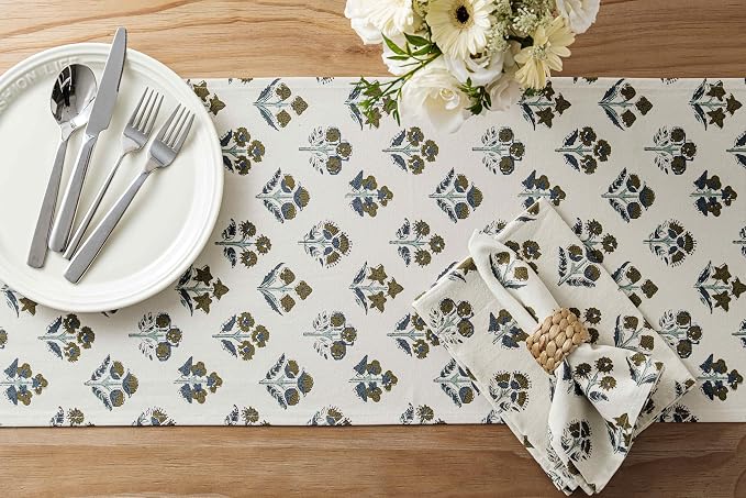 Block Print Floral Decorative Table Runners, 13x90 Inch Brown | 100% Organic - Image 4