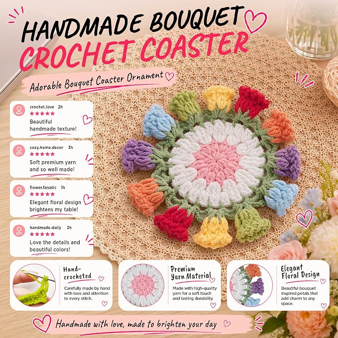 Crochet Flower Coasters, Handmade Bouquet Coasters - Image 4