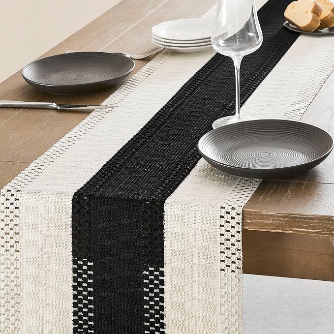 Macrame Style Bicolor Stitching Table Runner 14x90in Black | Woven Boho Table - Image 4