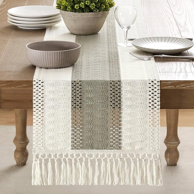 Macrame Style Bicolor Stitching Table Runner 14x90in Dark Sage | Woven Boho - Image 2