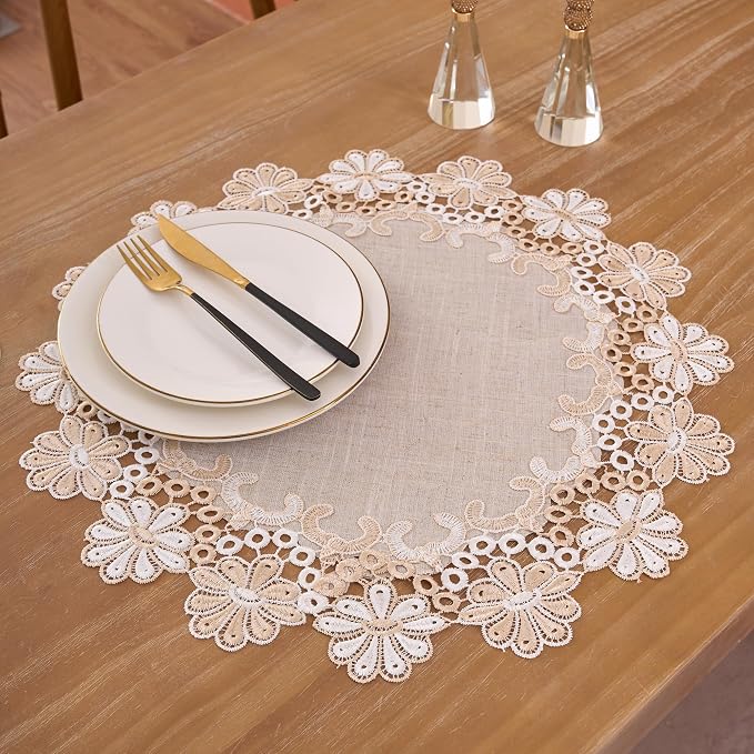 European Antique Jacquard Lace Table Doilies, Small Farmhouse Linen Embroidered - Image 3
