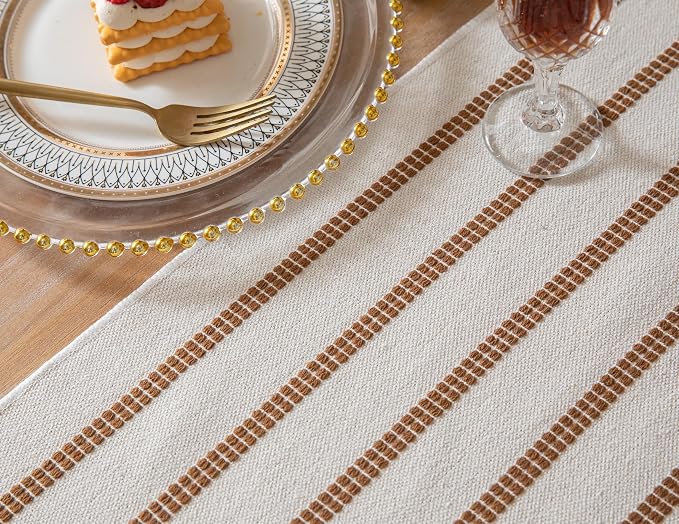 Caflife Boho Table Runner 60 Inchs Long Brown and Beige, Cotton and Linen Woven - Image 4