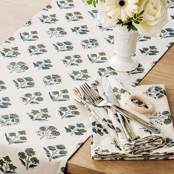 Block Print Floral Decorative Table Runners, 13x90 Inch Olive | 100% Organic - Image 2
