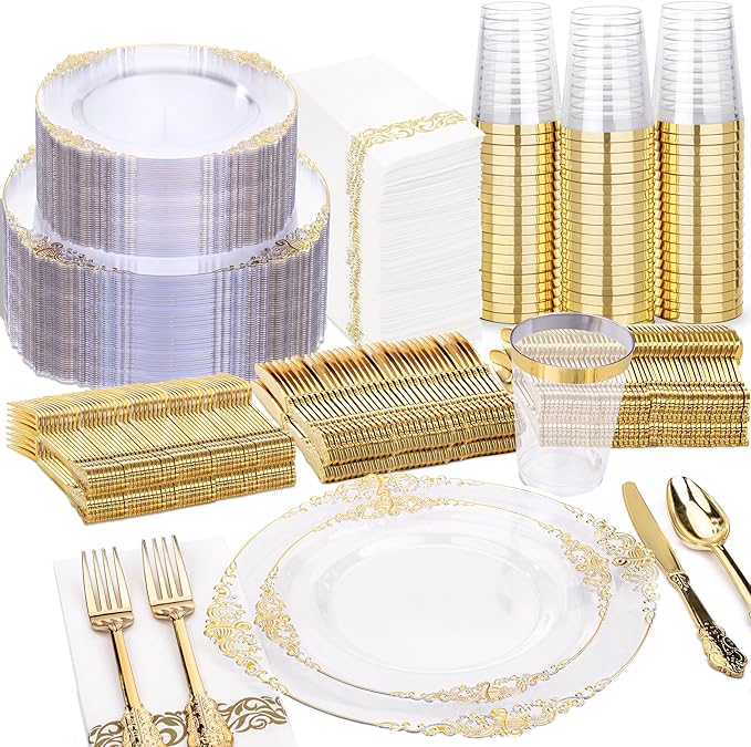 Nervure 350Pcs Clear Gold Plastic Plates, Dinnerware Sets by Nervure