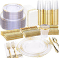 Nervure 350Pcs Clear Gold Plastic Plates, Dinnerware Sets by Nervure
