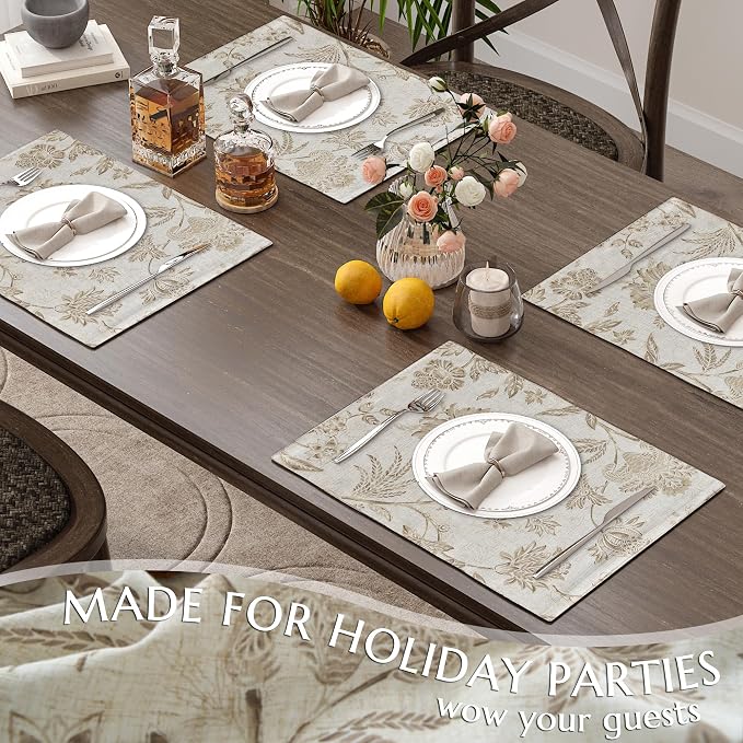 JINCHAN Sliva Linen Floral Placemats Set of 4 Farmhouse 13x19 Inch Taupe | - Image 5