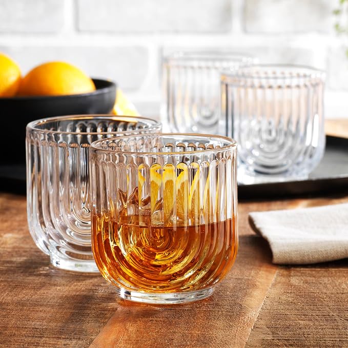Glaver's Vintage Glassware Art Deco Glasse Ribbed Drinking Glasses U-Shape Arch - Image 2