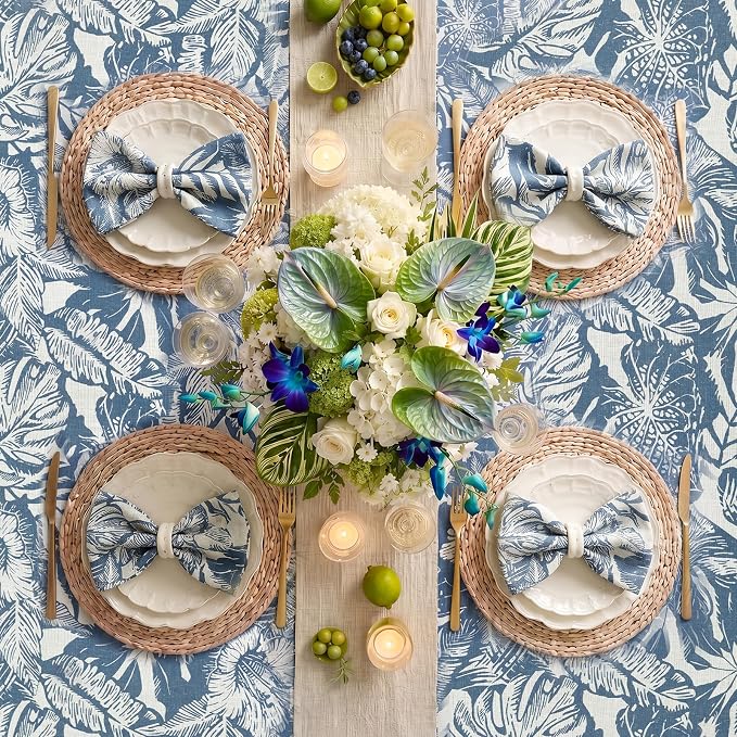 jinchan Blue Tropical Floral Linen Rectangle Table Cloth 50x84 | Large table - Image 7