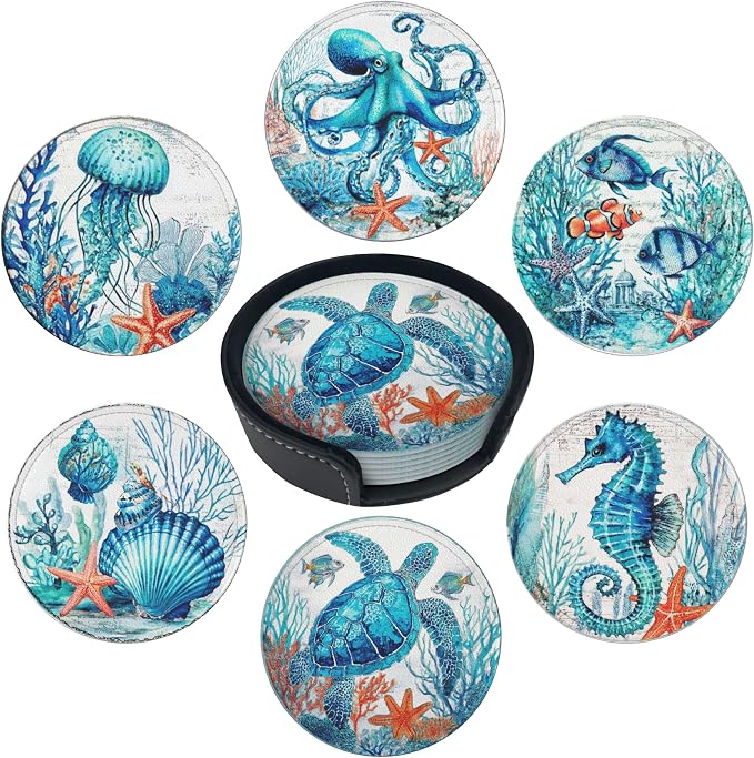 Sea Coasters Leather Round Drink Coasters 6 Pcs Set by Yopiiefa