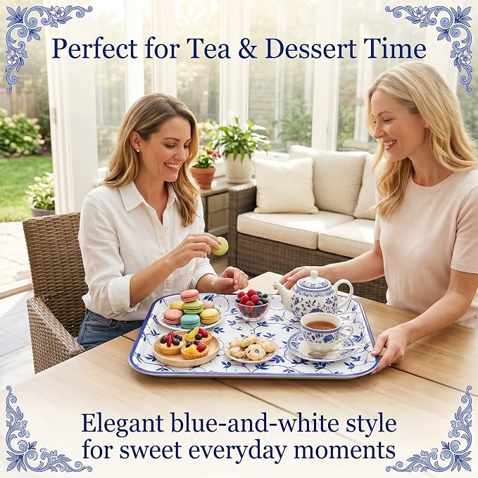 Vesici 4 Pack Blue and White Melamine Serving Trays, 13 x 10 Inch Rectangular - Image 4