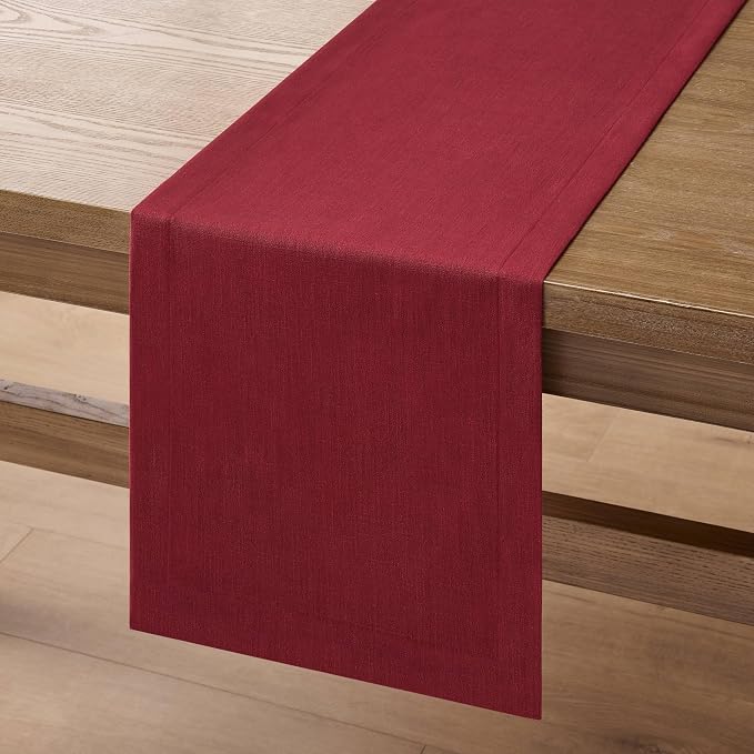 Linen Textured Border Table Runner, 14 x 36 Inch Red | Mitered Corner Design - Image 7