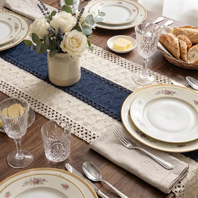 Boho Macrame Table Runner with Tassels 72in Blue Farmhouse Runner | Macrame - Image 6