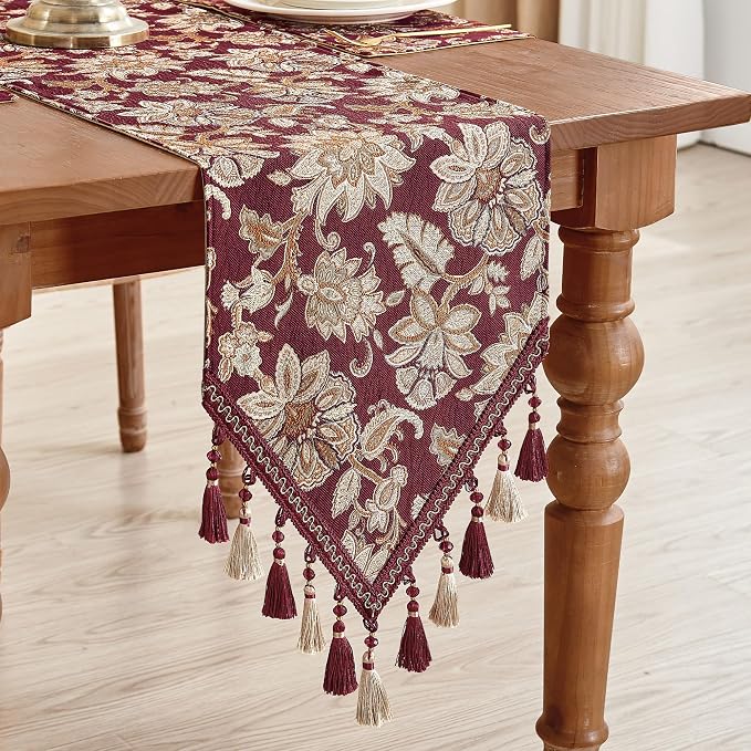 Loom and Mill Vintage Jacquard Damask Table Runner 13x72 inch, Burgundy | - Image 3