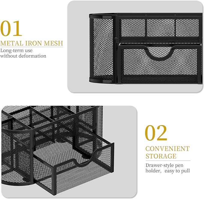 Mesh Desk Organizer with Drawer, 9-Compartment Pen Holder - Image 5
