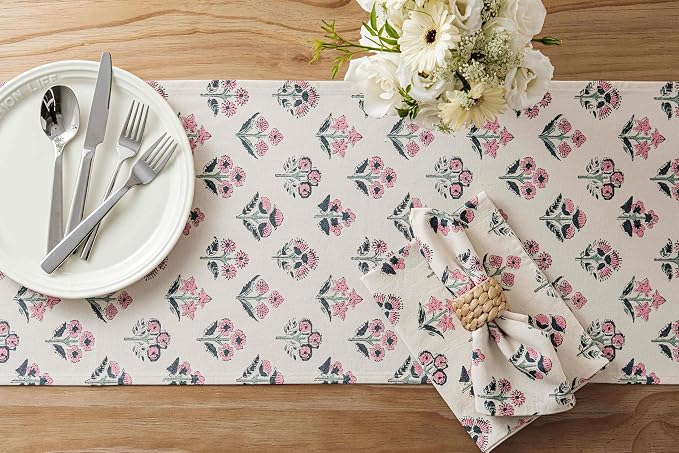 Block Print Floral Decorative Table Runners, 13x90 Inch Pink | 100% Organic - Image 4