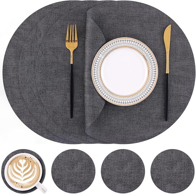 Homaxy Round Faux Leather Placemats and Coasters, Dark Grey | Washable by Homaxy