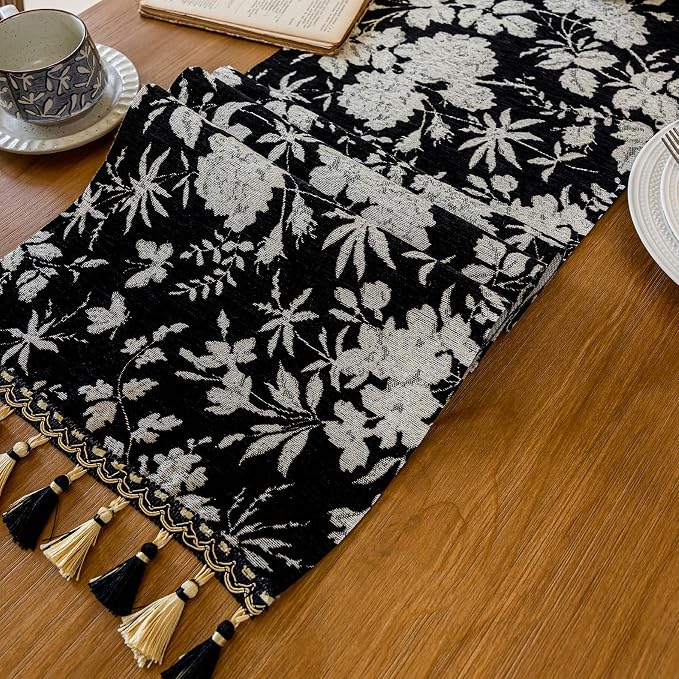 Botanical Floral Dining Black Boho Table Runner 13 x 71 Inch | Jacquard Flower - Image 5