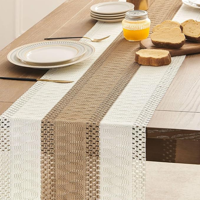 Macrame Style Bicolor Stitching Table Runner 14x48in Brown | Woven Boho Table - Image 5