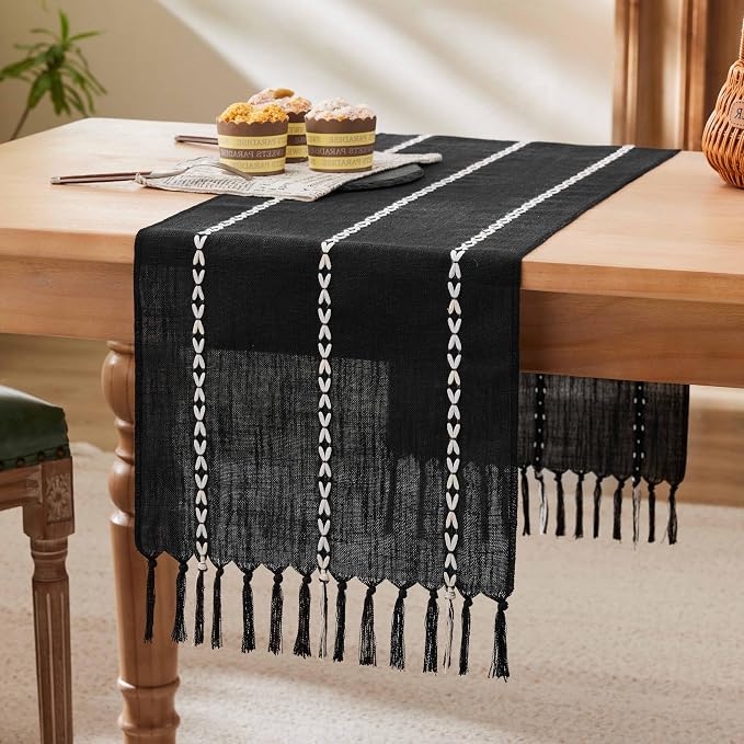 Braided Farmhouse Table Runner, Braided Black 13x108 Inch, Cotton Linen Table by Unknown