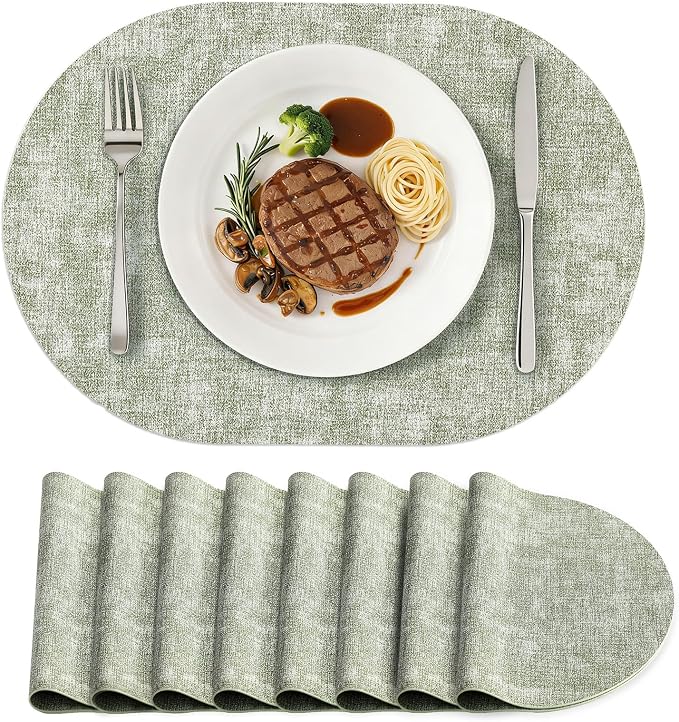 Placemats Set of 8, 11.8 x 17 Inch, Grass Green | Heat Resistant Oval Faux by homing