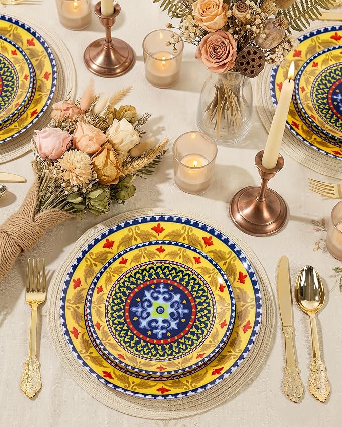 Yellow Plastic Plates, Boho Plates, layered circle red/yellow accents. Durable - Image 6