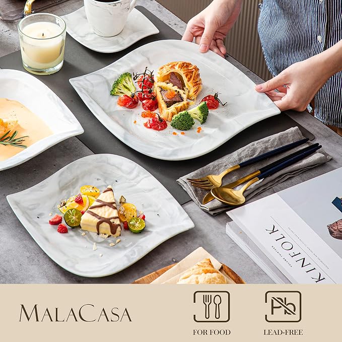 MALACASA 30 Piece Porcelain Dinnerware Set, Marble Grey - Image 3
