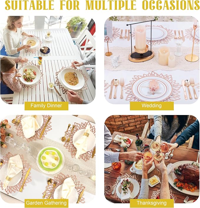 Set of 12 Round Placemats Rose Gold, Heat-Resistant PVC Table Mats - Image 6