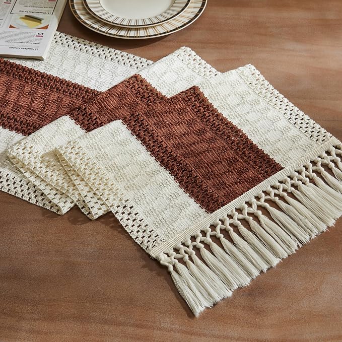 Macrame Style Bicolor Stitching Table Runner 14x48in Terracota | Woven Boho by ZEEMARTONLINE