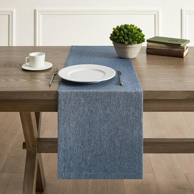 Basic Linen Style Table Runner, 14x60 Inch Navy Blue | Mitered Corner Design - Image 2