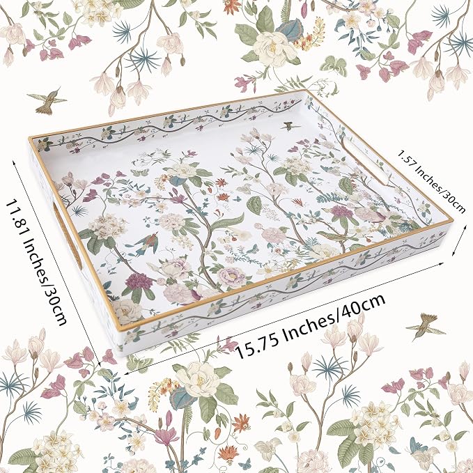 Serving Tray with Handles, Rectangular Plastic Tray 15.75x11.81 Inch, Floral - Image 4