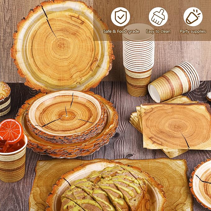 Kochorie 96 Pieces Camping Wood Grain Slice Tableware Set Rustic Wood Party - Image 4