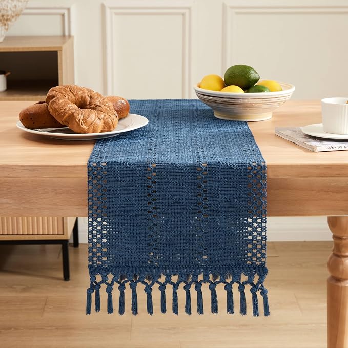 Macrame Style Boho Table Runner, 12x36 Inch Dusty Blue | Woven Boho Table Runner - Image 2