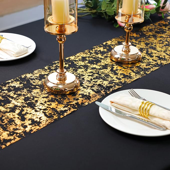 Snowkingdom 2 Pcs Black and Gold Table Runner, 11 x 108 Inch Gold Metallic Foil - Image 2