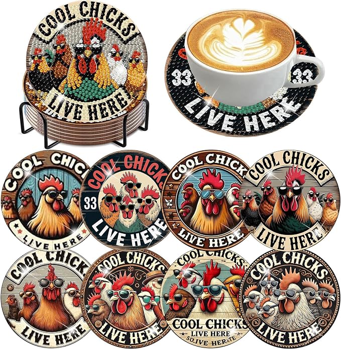 8 PCS Chicken Diamond Art Coasters Kits Diamond Painting Coaster | Diamond by Benjenes