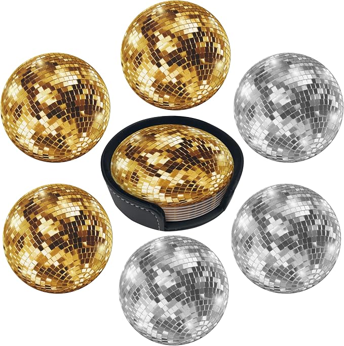 Gold Disco Ball Coasters Leather Round Drink Coasters 6 Pcs Set by Yopiiefa
