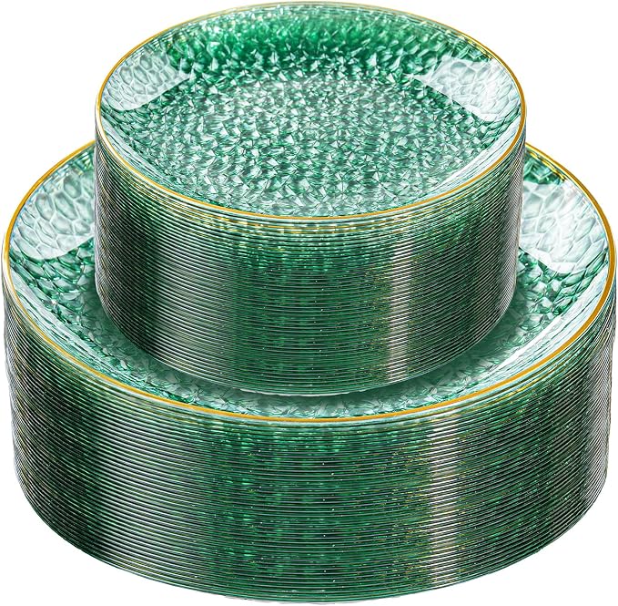 Rubtlamp 60 Green Plastic Plates, Hammered Clear and Gold Disposable Plates by Rubtlamp