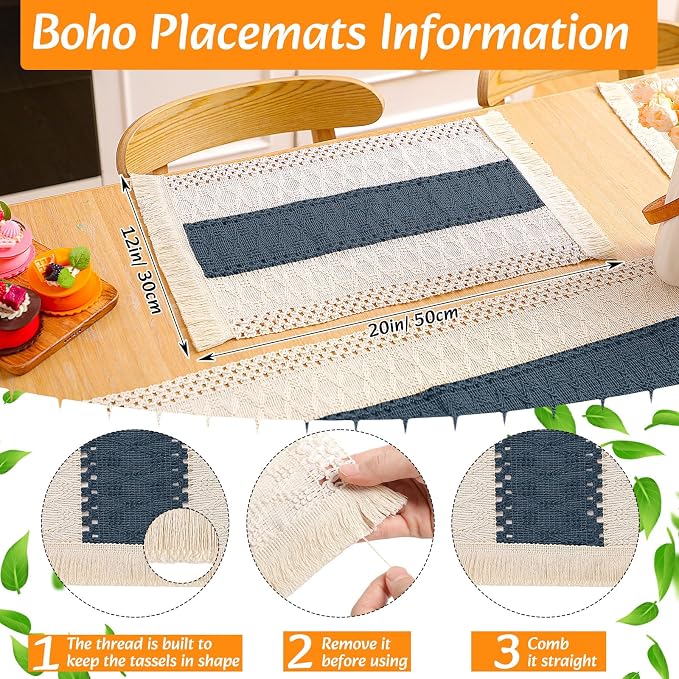 6 Sets Boho Decoration Placemats Round Woven Placemats, Cloth Napkins, Wood - Image 2