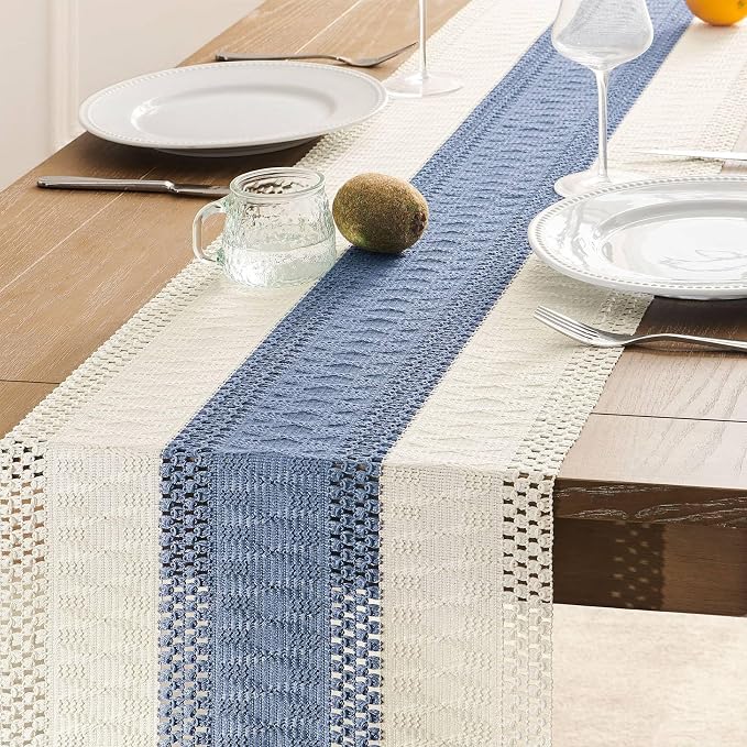 Macrame Style Bicolor Stitching Table Runner 14x72in Blue | Woven Boho Table - Image 5
