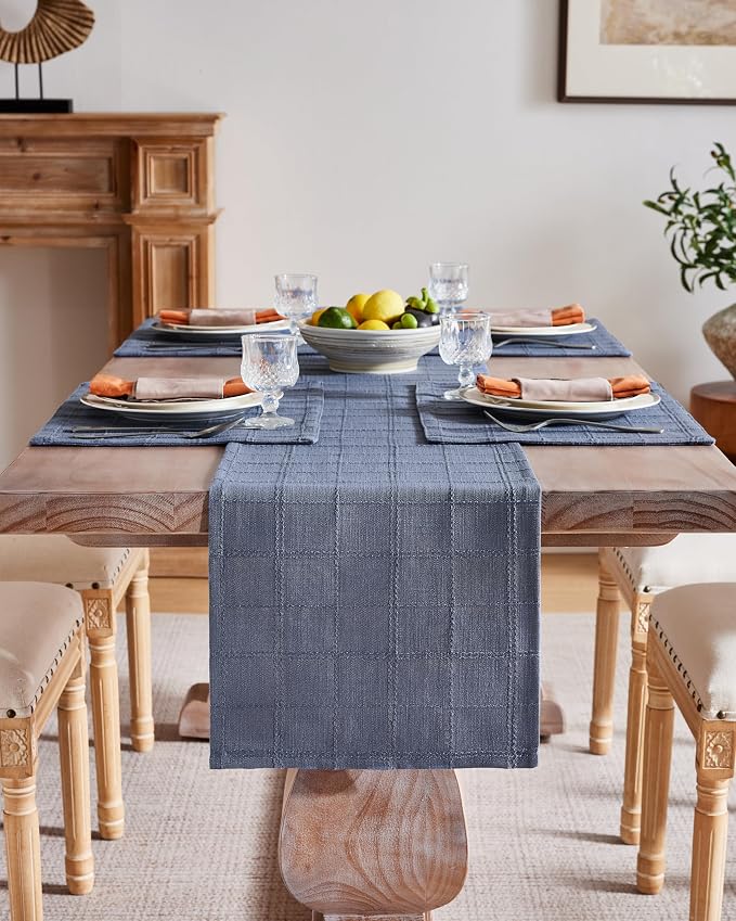 Linen Checked Farmhouse Table Runner, 13x90 Inches Blue | Raised Grid Design - Image 2