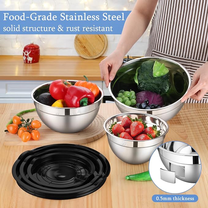 LIANYU Mixing Bowls with Lids Set of 3, Stainless Steel Nesting Metal Bowls | - Image 3