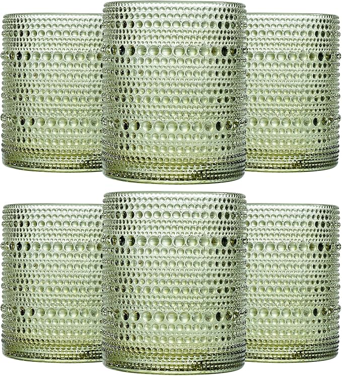 JOVGANK Green Vintage Hobnail Drinking Glasses Set of 6, Embossed Water Tumbler by JOVGANK
