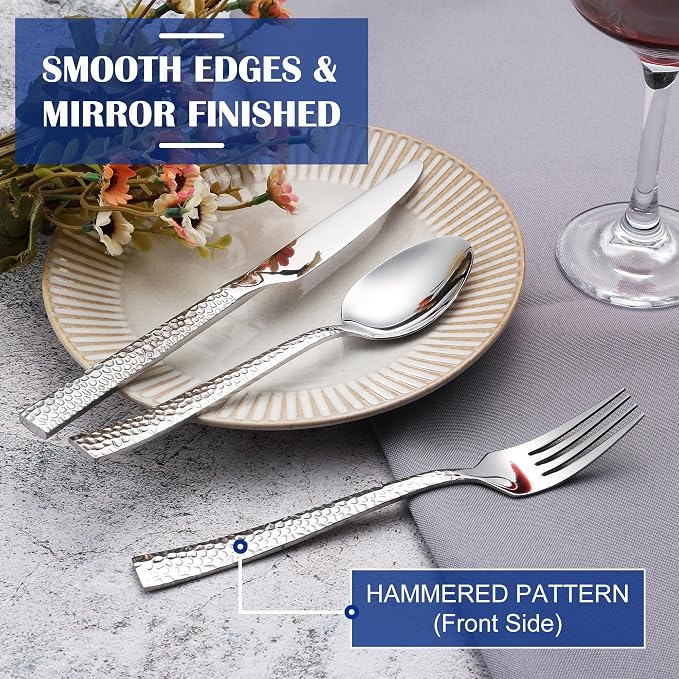 E-far 24-Piece Hammered Silverware Set, Stainless Steel Flatware Set - Image 4