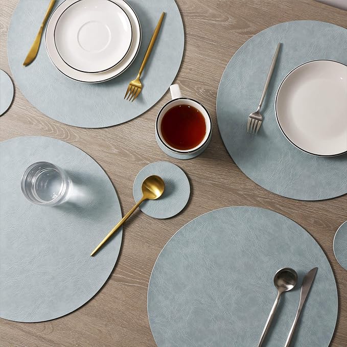 Embossed PU Leather Round Placemats, Waterproof Coffee Coasters, Kitchen Table - Image 4