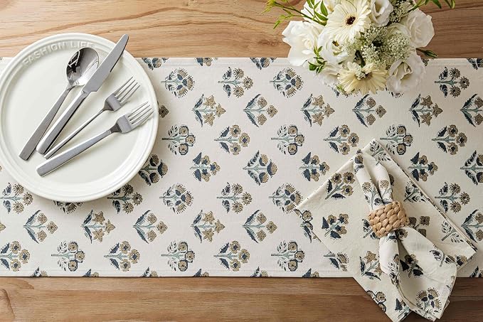 Block Print Floral Decorative Table Runners, 13x90 Inch Latte | 100% Organic - Image 4