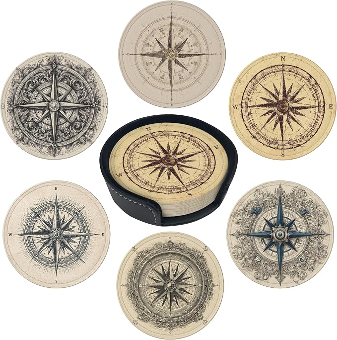 Compass Coasters Leather Round Drink Coasters 6 Pcs Set by Yopiiefa