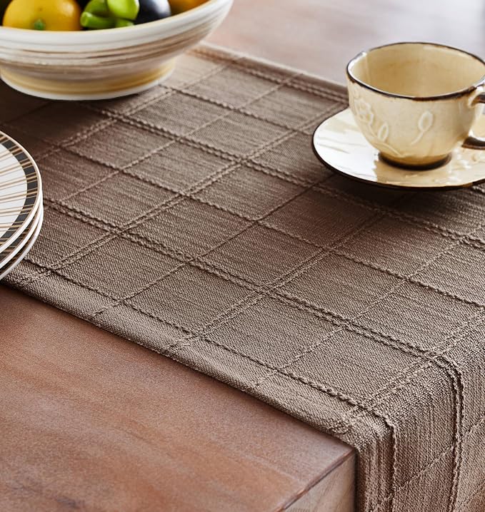 Linen Checked Farmhouse Table Runner, 13x36 Inches Cocoa Brown | Raised Grid - Image 5